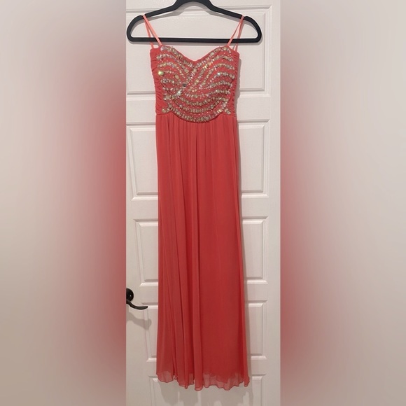 Gorgeous Long Embellished Coral Dress - Picture 3 of 4